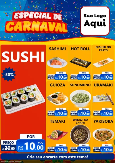 Modelo de Encarte para Encarte A4 Vertical com o tema Especial de Carnaval para Comida japonesa