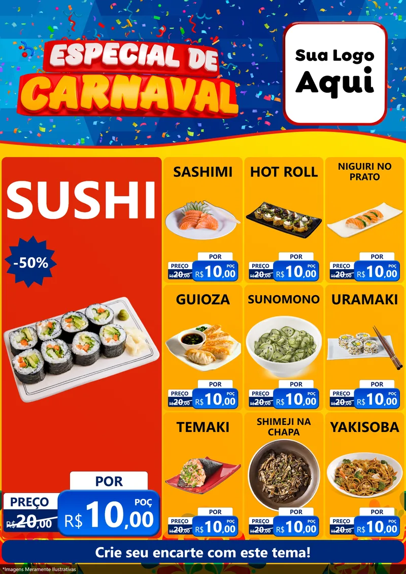 Modelo de Encarte para Encarte A4 Vertical com o tema Especial de Carnaval para Comida japonesa