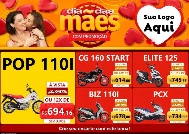 Modelo de Encarte para Encarte A4 Horizontal com o tema Dia das Mães com Promoção para Concessionaria de Motos