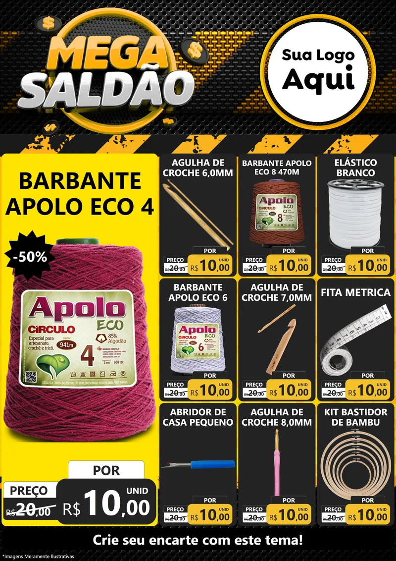 Modelo de Encarte para Encarte A4 Vertical com o tema Mega Saldão para Armarinho e Aviamentos