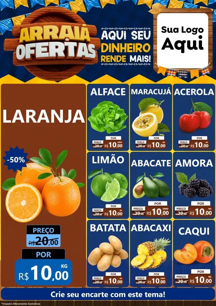 Modelo de Encarte para Encarte A4 Vertical com o tema Arraiá de Ofertas - Junina para Hortifrúti