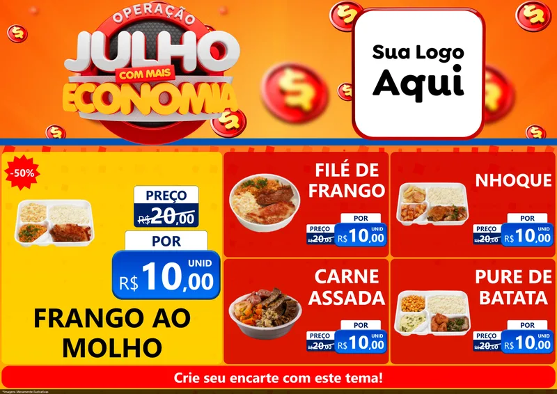 Modelo de Encarte para Encarte A4 Horizontal com o tema Operação Julho Com Mais Economia para Restaurante
