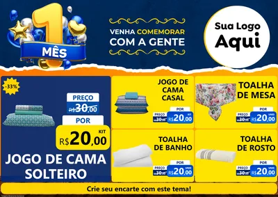 Modelo de Encarte para Encarte A4 Horizontal com o tema Um Mês de Aniversário para Cama, Mesa e Banho