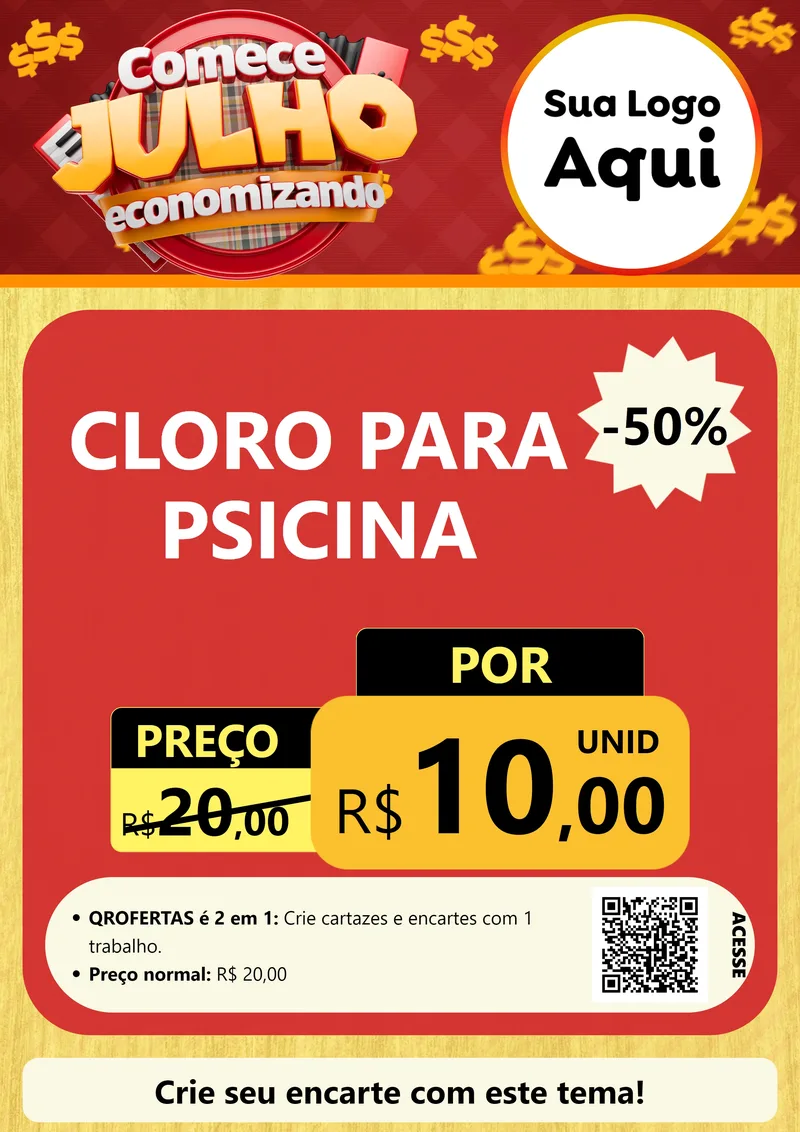 Modelo de Cartaz para Cartaz A4 Vertical com o tema Comece Julho Economizando para Produtos para Piscina
