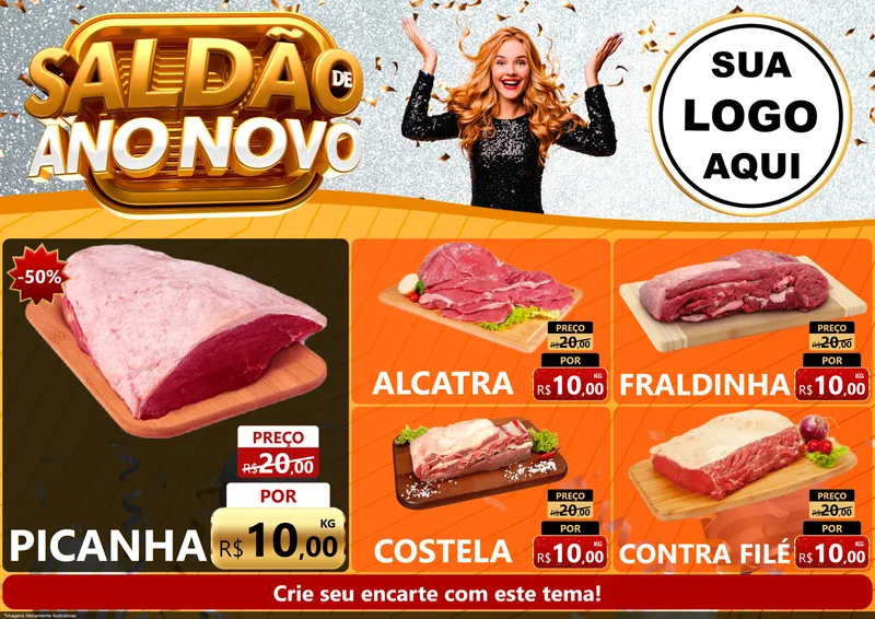 Modelo de Encarte para Encarte A4 Horizontal com o tema Saldão de Ano Novo para Açougue