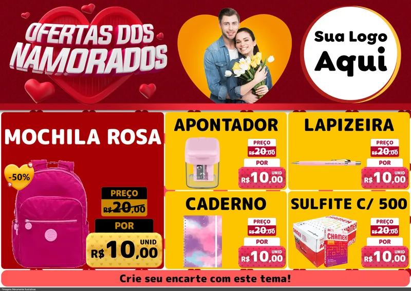 Modelo de Encarte para Encarte A4 Horizontal com o tema Ofertas Dos Namorados para Papelaria