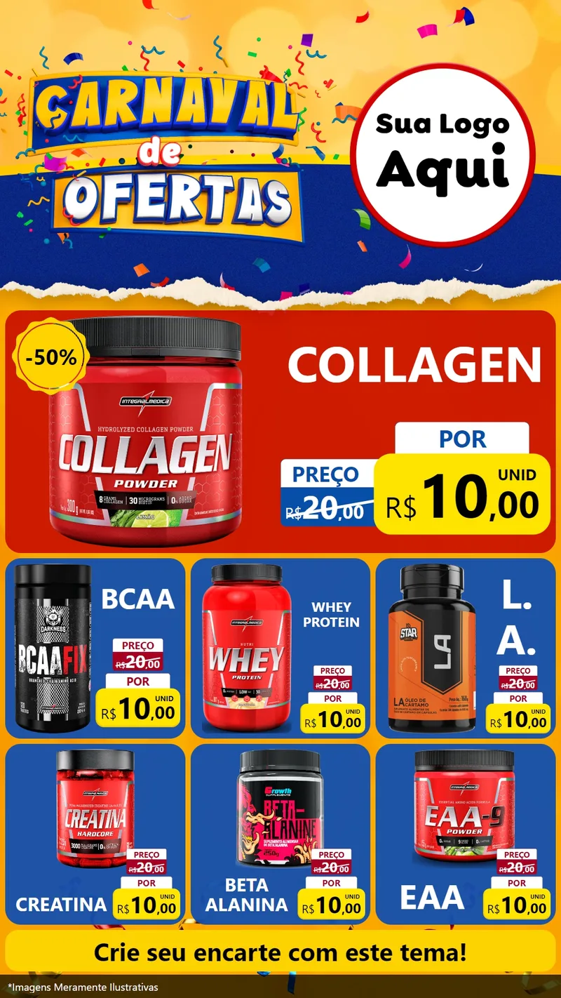 Modelo de Rede Social para Stories com o tema Carnaval de Ofertas para Suplementos alimentares