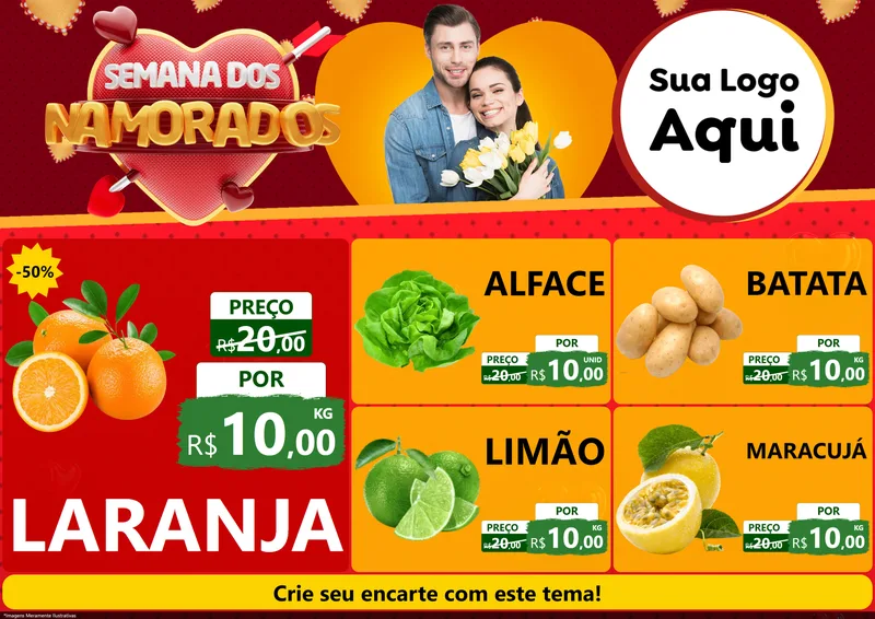 Modelo de Encarte para Encarte A4 Horizontal com o tema Semana dos Namorados para Hortifrúti