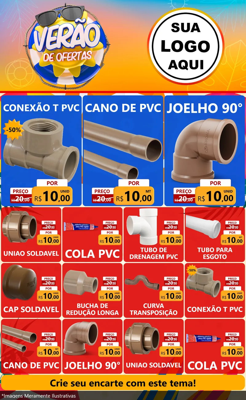 Modelo de Encarte para Encarte Grande com o tema Verão de Ofertas para Tubos e conexões