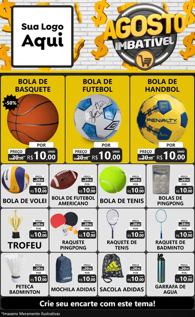 Modelo de Encarte para Encarte Grande com o tema Agosto imbatível para Artigos Esportivos