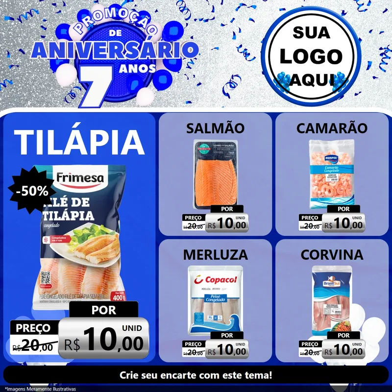 Modelo de Rede Social para Feed Facebook com o tema Promoção de Aniversário - 7 Anos para Peixaria