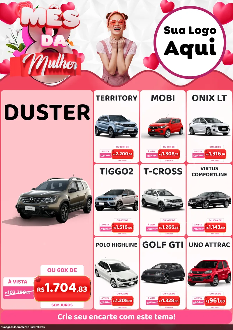 Modelo de Encarte para Encarte A4 Vertical com o tema Mês da Mulher para Concessionaria de Carros