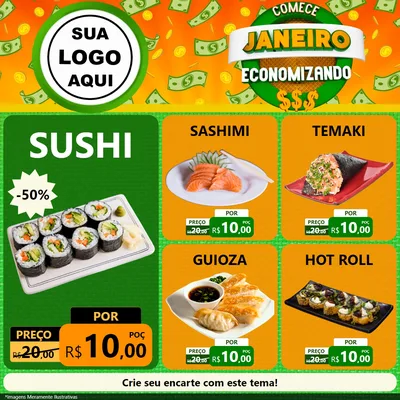 Modelo de Rede Social para Feed Facebook com o tema Comece Janeiro Economizando para Comida japonesa