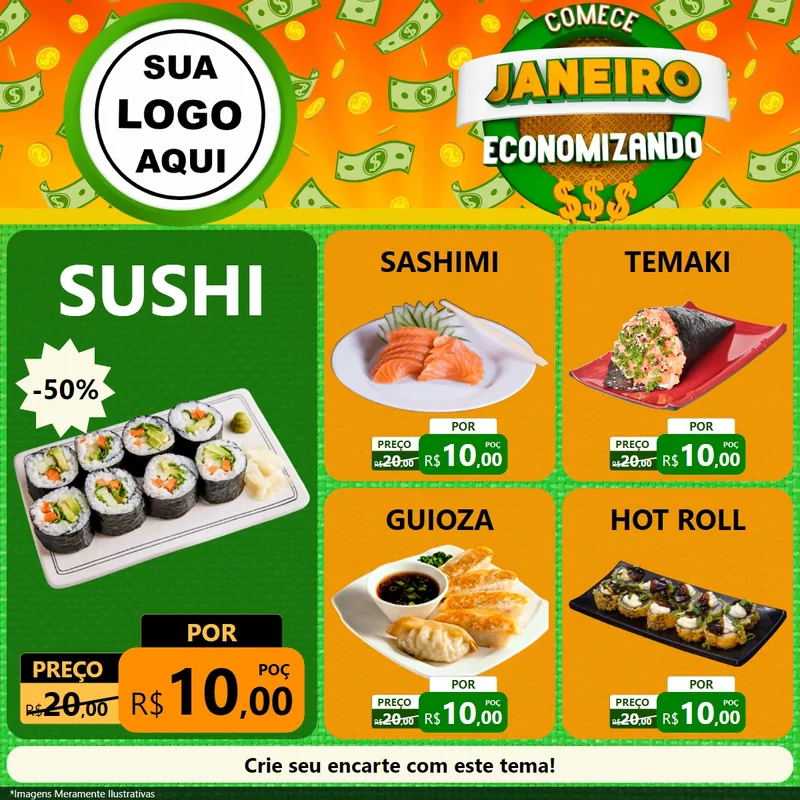 Modelo de Rede Social para Feed Facebook com o tema Comece Janeiro Economizando para Comida japonesa
