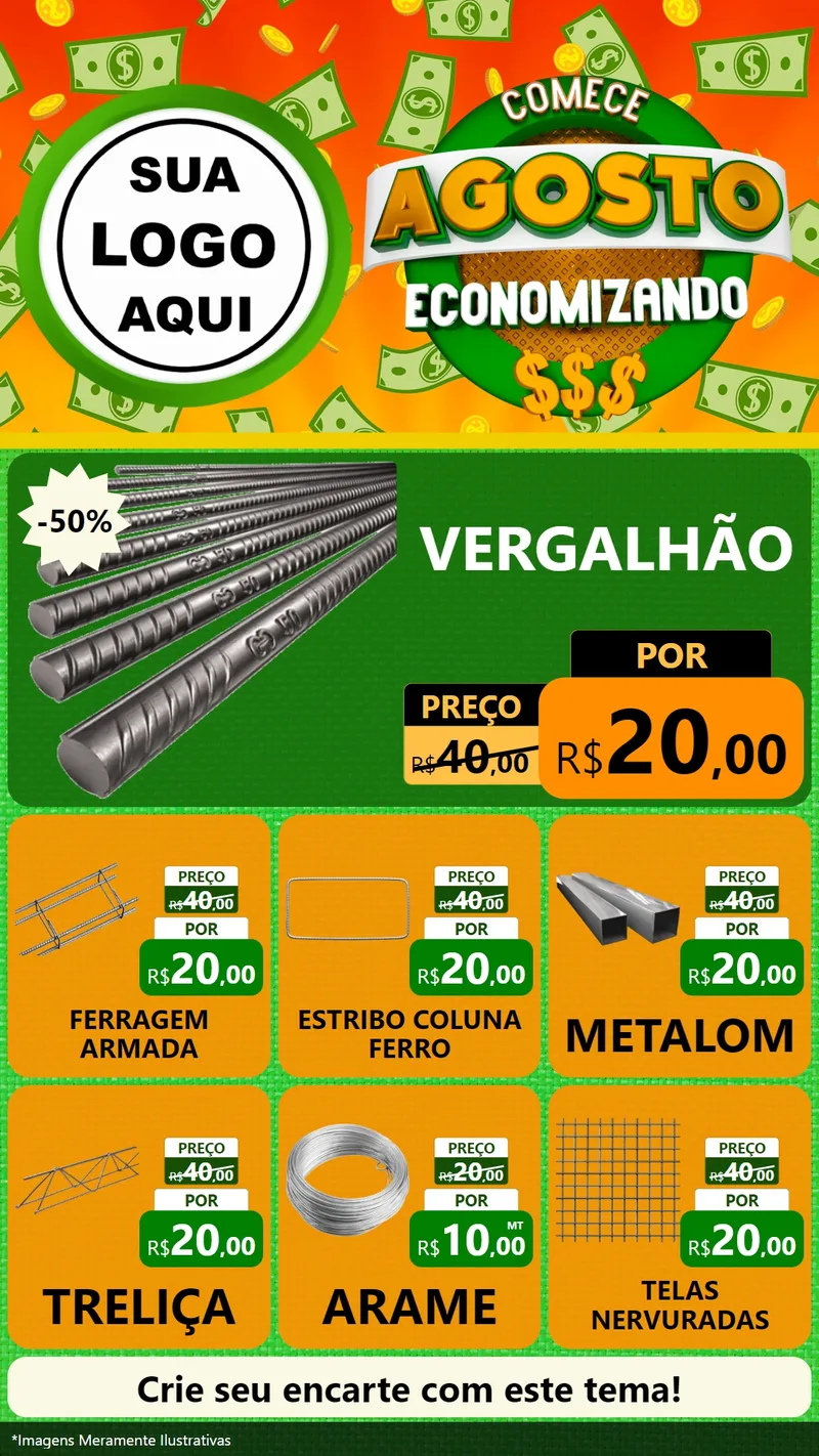 Modelo de Rede Social para Stories com o tema Comece Agosto Economizando para Ferragens