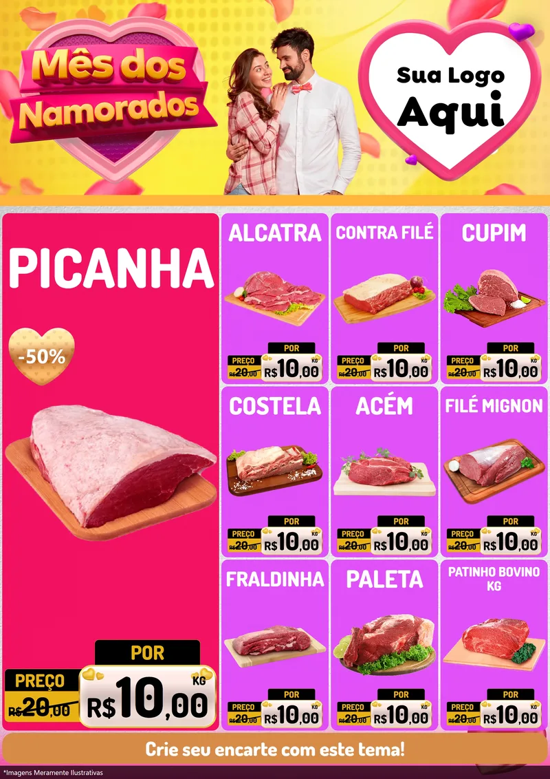 Modelo de Encarte para Encarte A4 Vertical com o tema Mês dos Namorados para Açougue