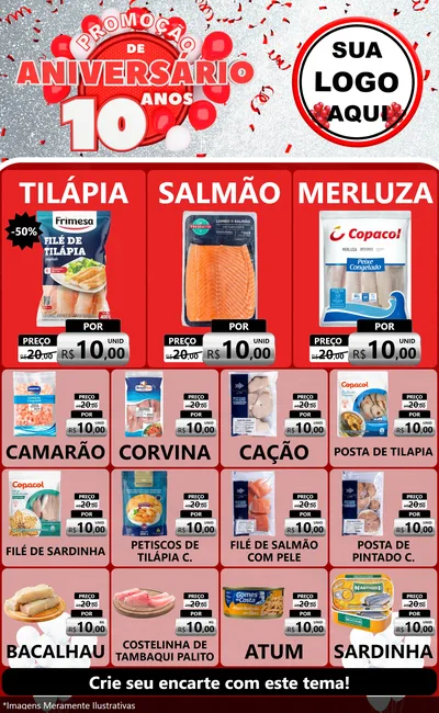 Modelo de Encarte para Encarte Grande com o tema Promoção de Aniversário - 10 Anos para Peixaria