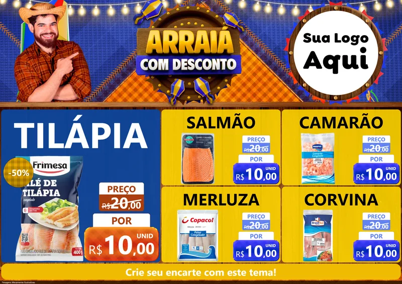 Modelo de Encarte para Encarte A4 Horizontal com o tema Arraiá Com Desconto para Peixaria