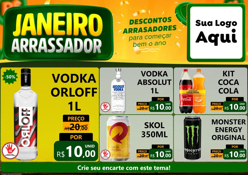 Modelo de Encarte para Encarte A4 Horizontal com o tema Janeiro Arrasador para Distribuidora de bebidas