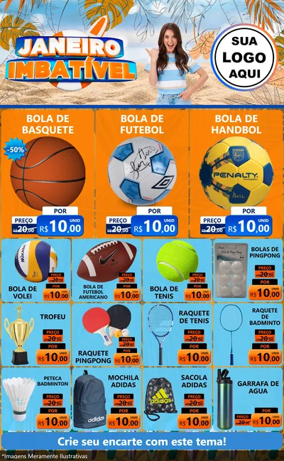 Modelo de Encarte para Encarte Grande com o tema Janeiro Imbatível para Artigos Esportivos
