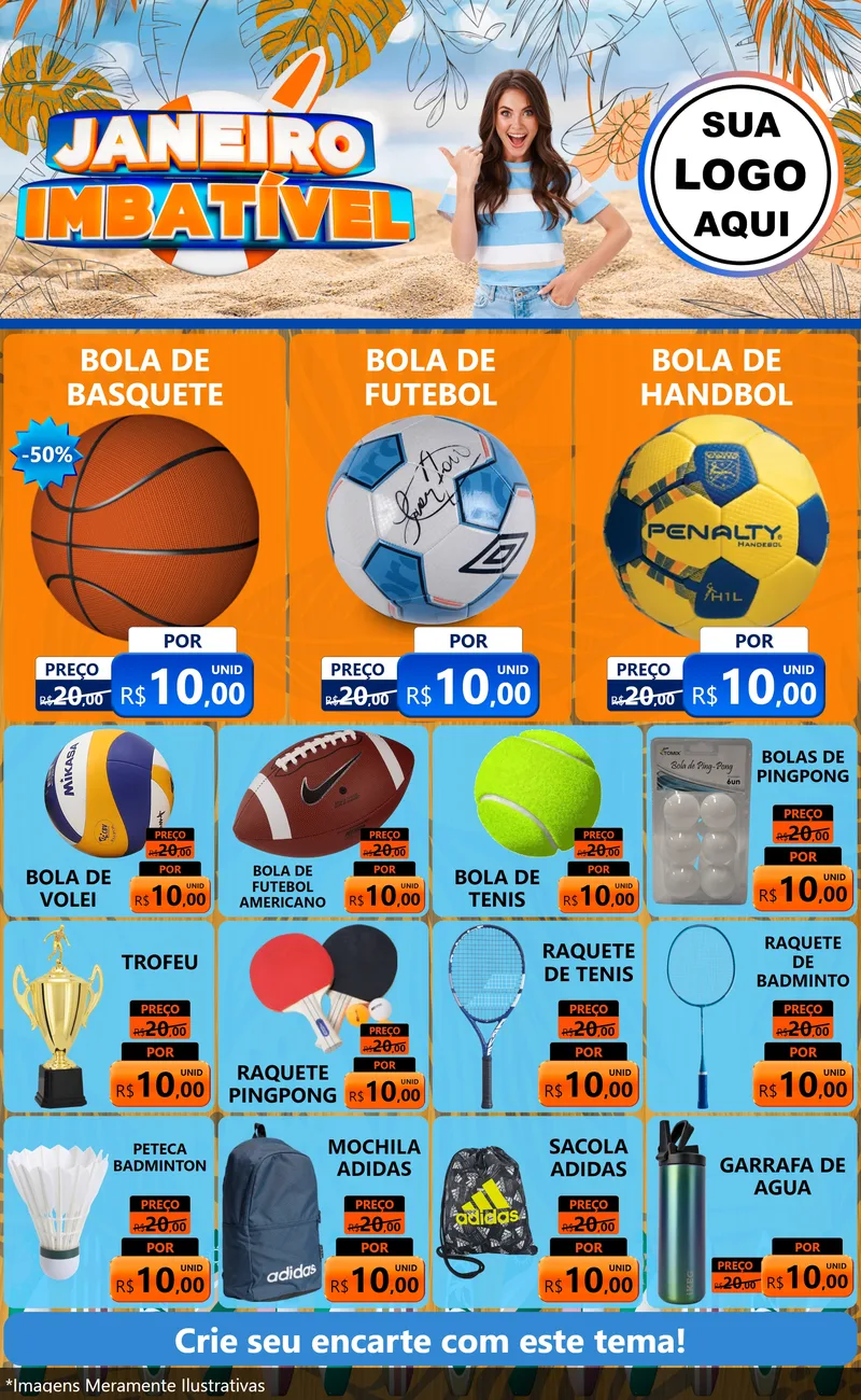 Modelo de Encarte para Encarte Grande com o tema Janeiro Imbatível para Artigos Esportivos