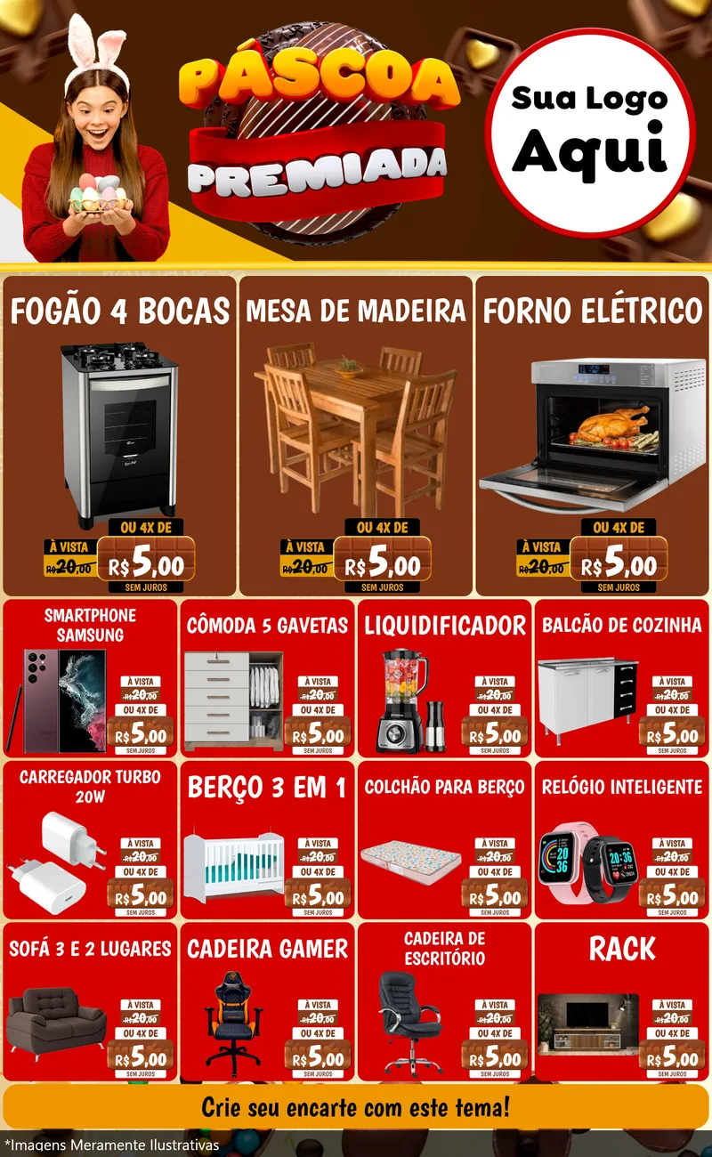 Modelo de Encarte para Encarte Grande com o tema Páscoa Premiada para Móveis e Eletro