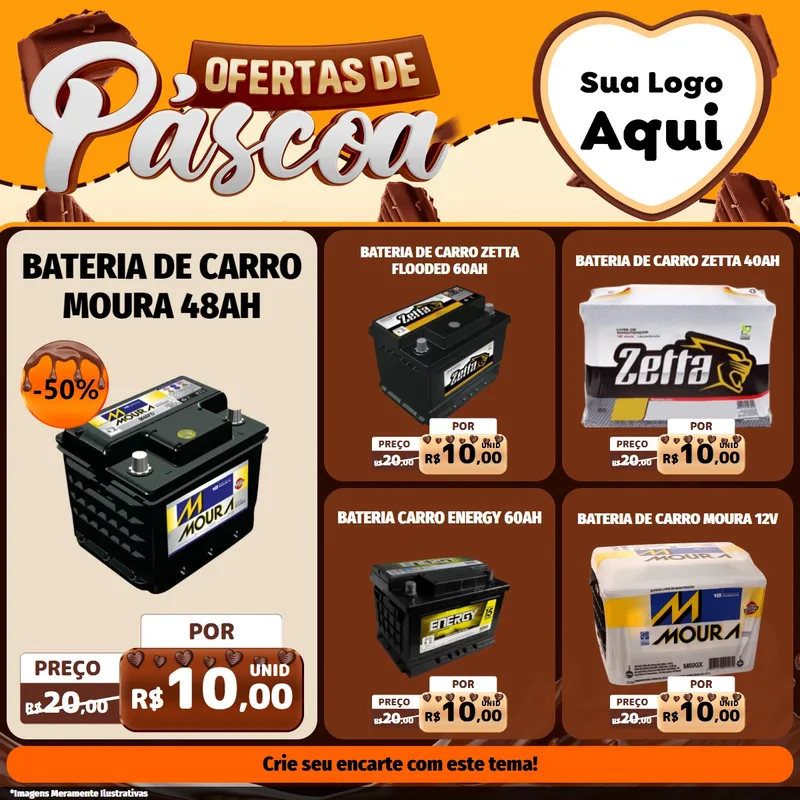 Modelo de Rede Social para Feed Facebook com o tema Ofertas de Páscoa para Baterias Elétricas