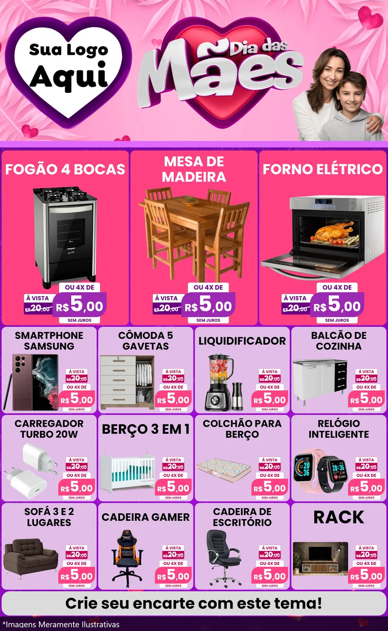 Modelo de Encarte para Encarte Grande com o tema Dia das Mães para Móveis e Eletro