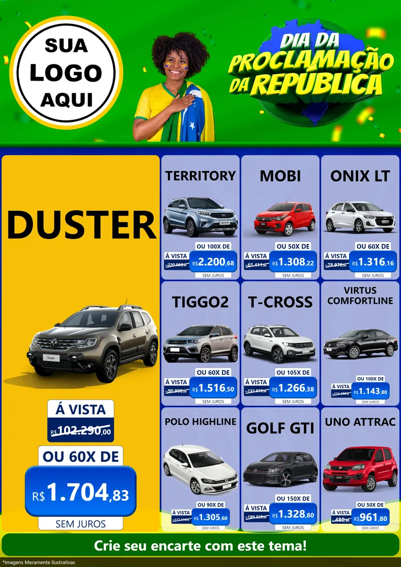 Modelo de Encarte para Encarte A4 Vertical com o tema Dia Da Proclamação Da República para Concessionaria de Carros