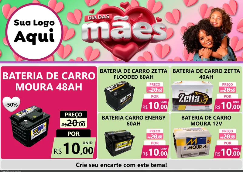 Modelo de Encarte para Encarte A4 Horizontal com o tema Dia das Mães para Baterias Elétricas
