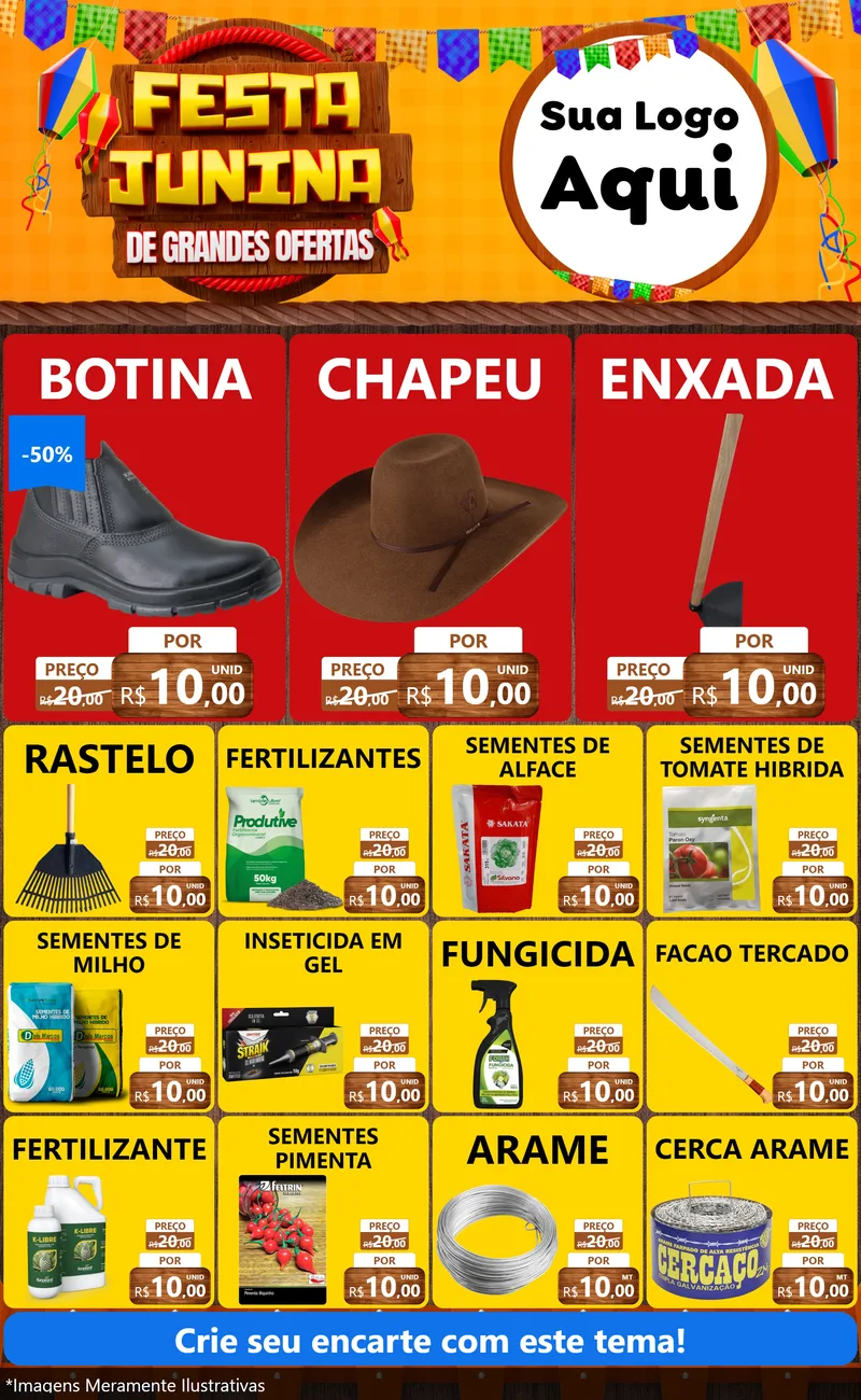 Modelo de Encarte para Encarte Grande com o tema Festa Junina de Grandes Ofertas para Agropecuária