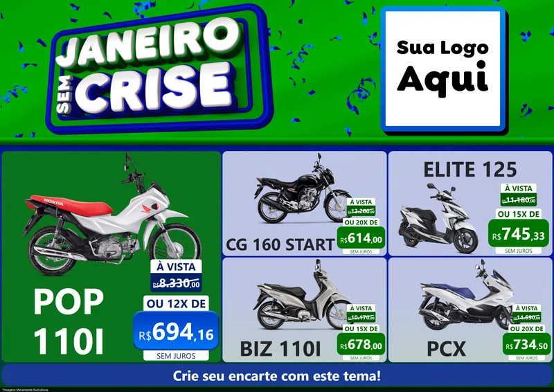Modelo de Encarte para Encarte A4 Horizontal com o tema Janeiro Sem Crise para Concessionaria de Motos