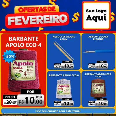 Modelo de Rede Social para Feed Facebook com o tema Ofertas de Fevereiro para Armarinho e Aviamentos