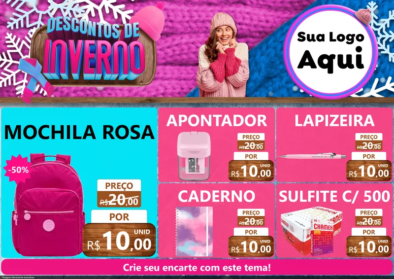 Modelo de Encarte para Encarte A4 Horizontal com o tema Descontos de Inverno para Papelaria