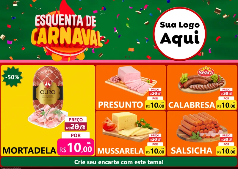 Modelo de Encarte para Encarte A4 Horizontal com o tema Esquenta de Carnaval para Frios e Laticínios