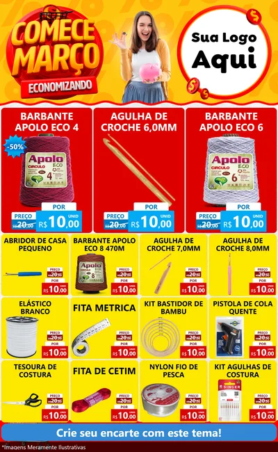 Modelo de Encarte para Encarte Grande com o tema Comece Março Economizando para Armarinho e Aviamentos