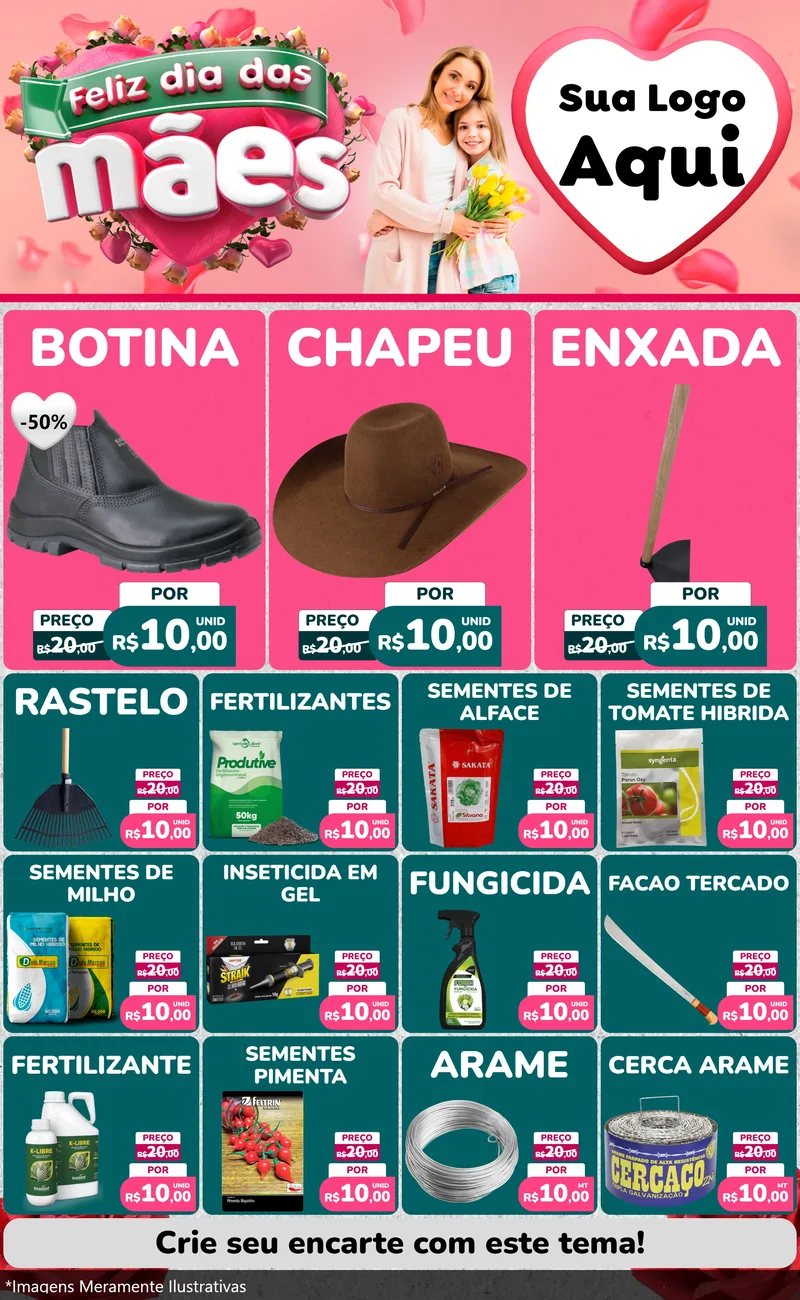 Modelo de Encarte para Encarte Grande com o tema Feliz Dia das Mães para Agropecuária