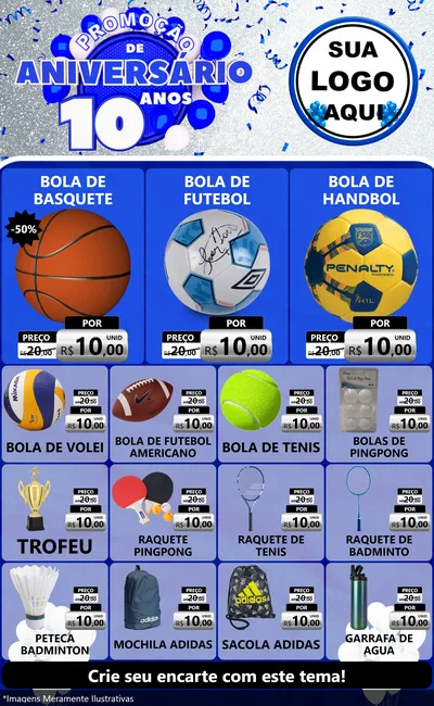 Modelo de Encarte para Encarte Grande com o tema Promoção de Aniversário - 10 Anos para Artigos Esportivos