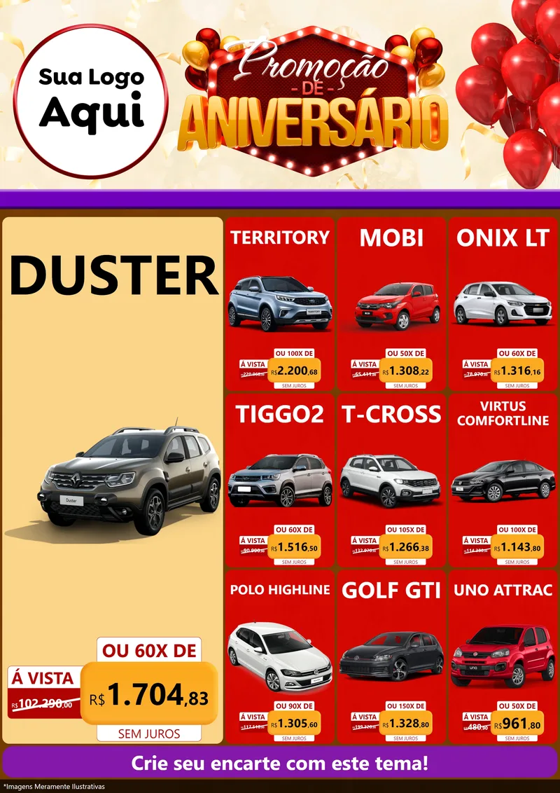 Modelo de Encarte para Encarte A4 Vertical com o tema Promoção de Aniversário para Concessionaria de Carros