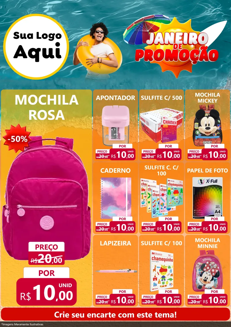 Modelo de Encarte para Encarte A4 Vertical com o tema Janeiro de Promoção para Papelaria