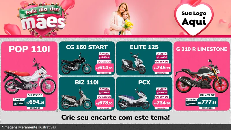 Modelo de TV para TV Horizontal com o tema Feliz Dia das Mães para Concessionaria de Motos