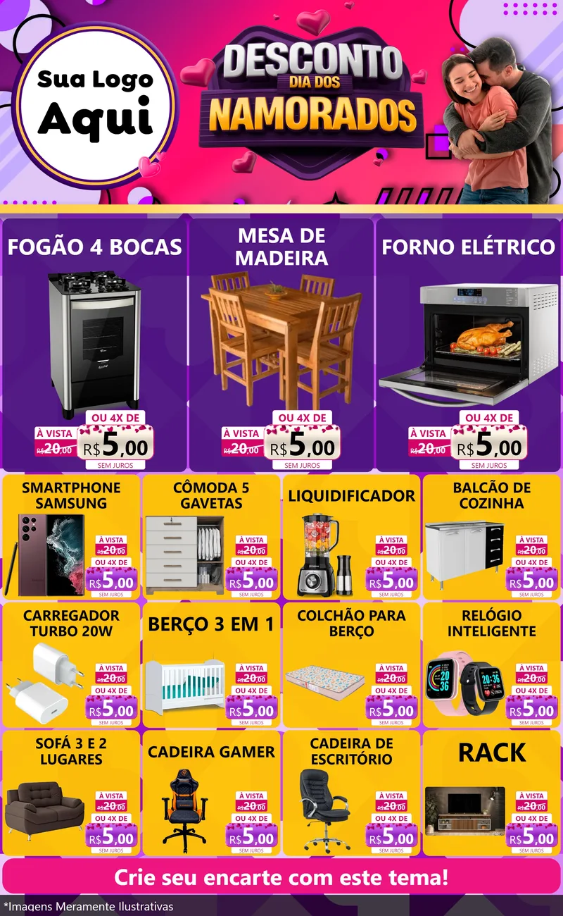 Modelo de Encarte para Encarte Grande com o tema Desconto Dia dos Namorados para Móveis e Eletro