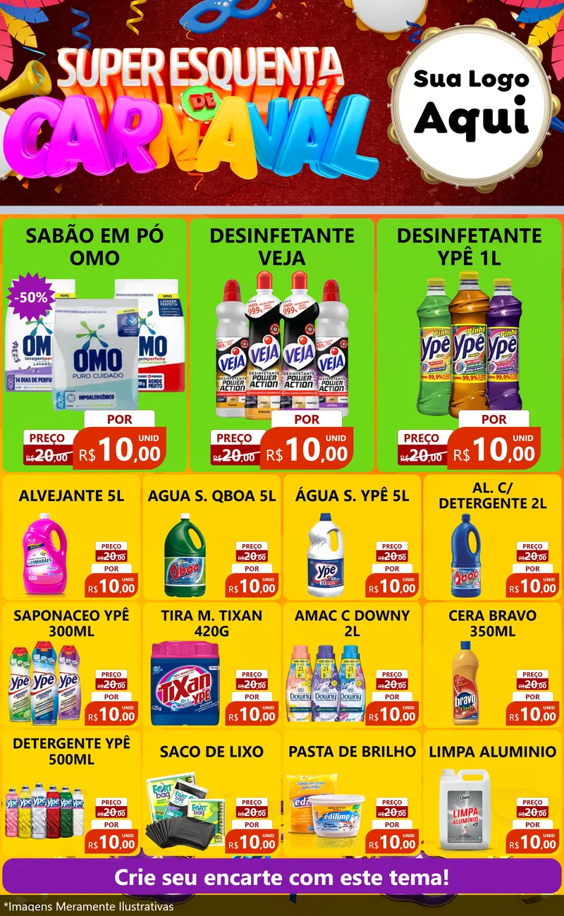 Modelo de Encarte para Encarte Grande com o tema Super Esquenta de Carnaval para Produtos de Limpeza