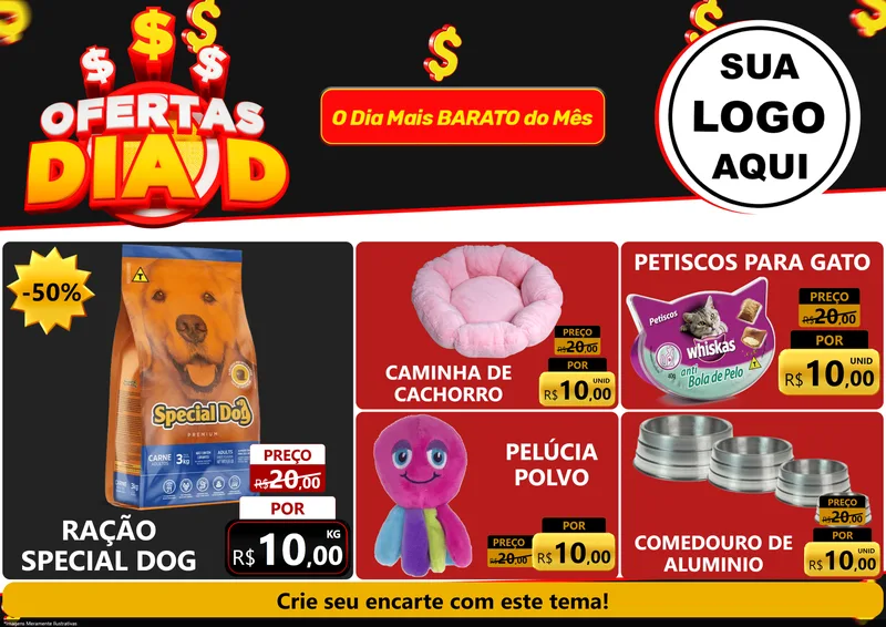 Modelo de Encarte para Encarte A4 Horizontal com o tema Ofertas Dia D para Pet Shop