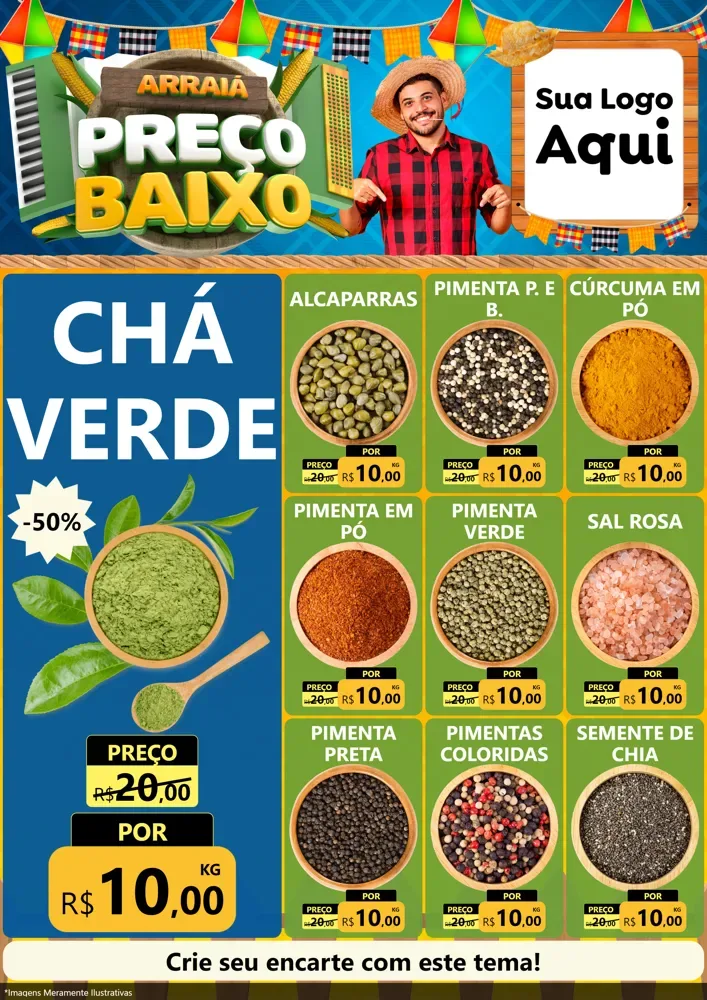 Modelo de Encarte para Encarte A4 Vertical com o tema Arraiá de Preço Baixo - Junina para Produtos Naturais