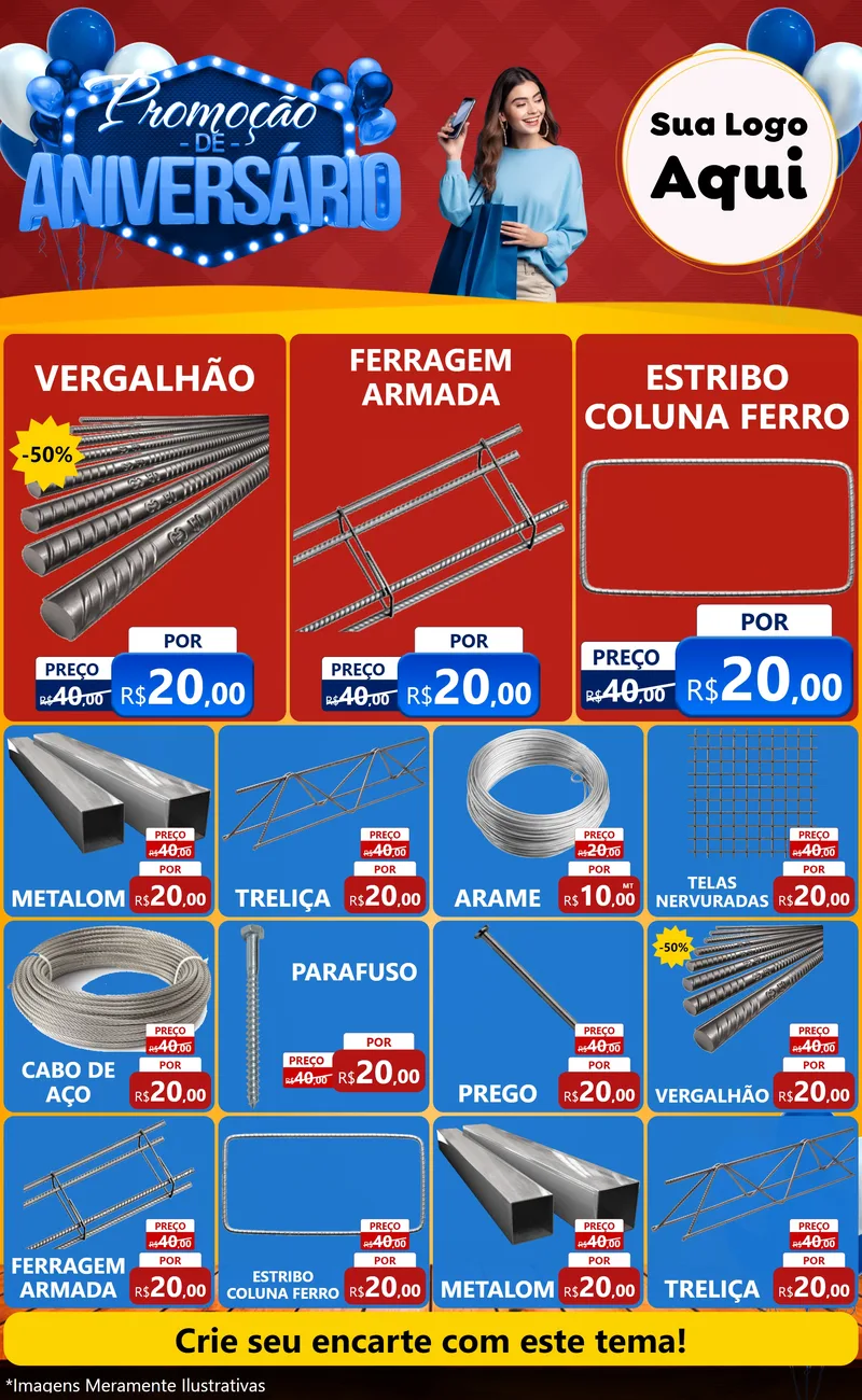 Modelo de Encarte para Encarte Grande com o tema Promoção de Aniversário para Ferragens