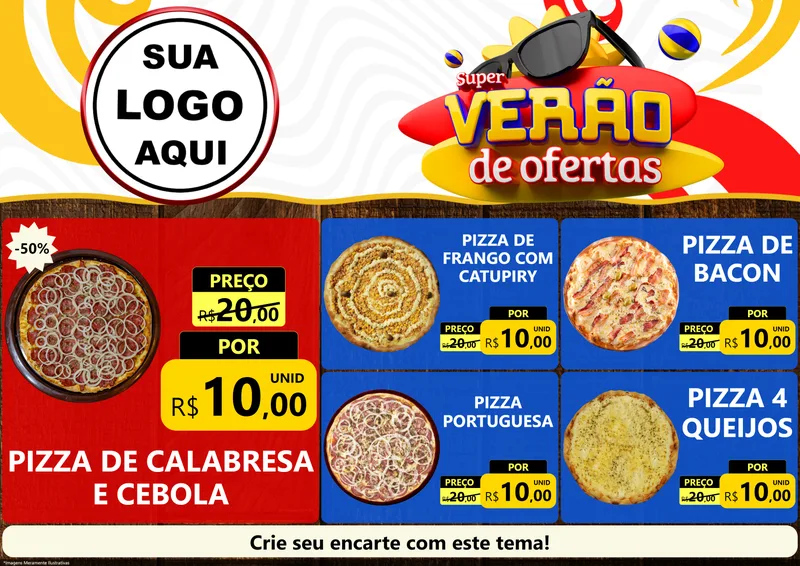 Modelo de Encarte para Encarte A4 Horizontal com o tema Super Verão de Ofertas para Pizzaria