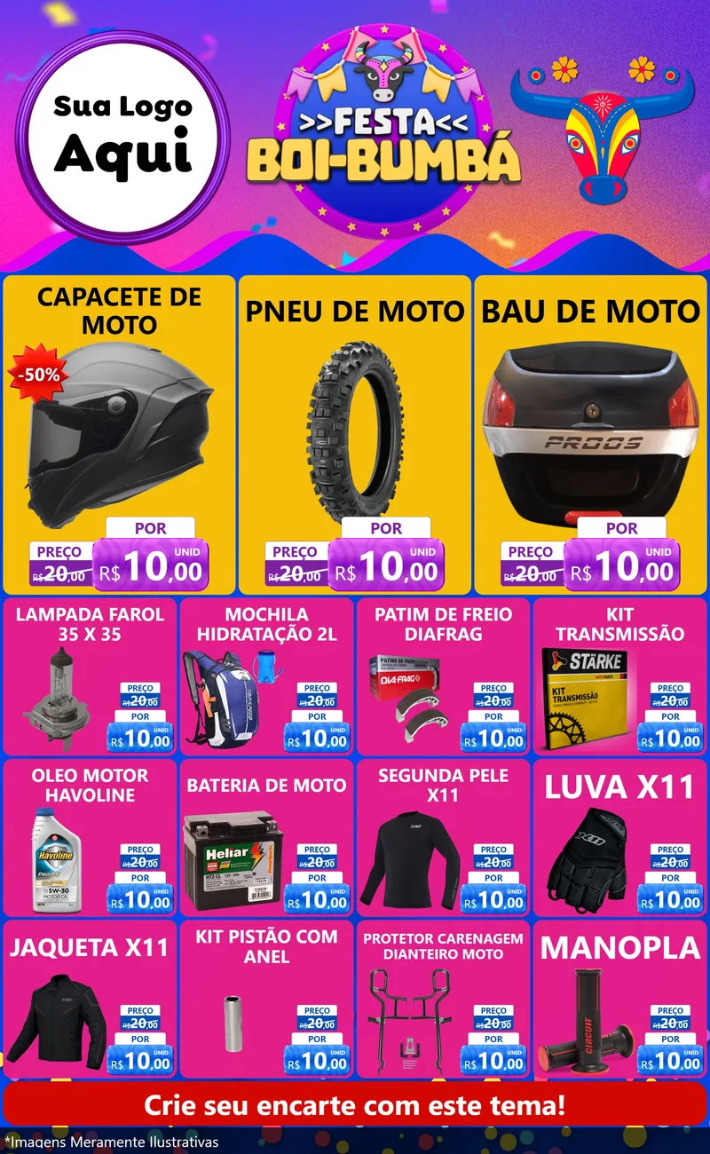 Modelo de Encarte para Encarte Grande com o tema Festa Boi-Bumbá para Moto peças
