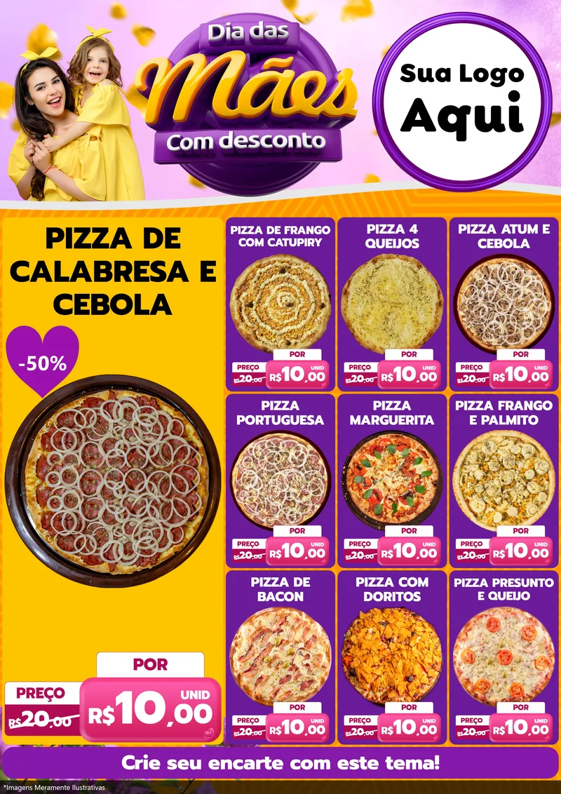 Modelo de Encarte para Encarte A4 Vertical com o tema Dia das Mães com Desconto para Pizzaria