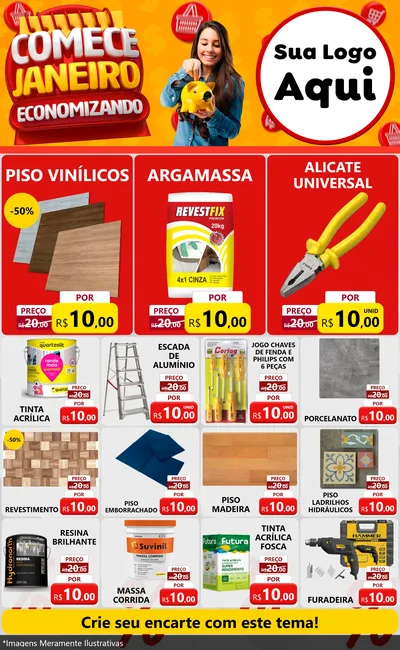 Modelo de Encarte para Encarte Grande com o tema Comece Janeiro Economizando para Material para Construção